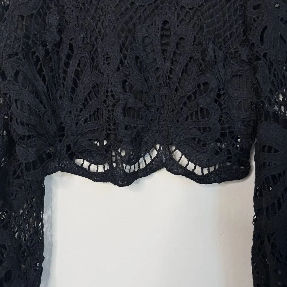 Long Sleeve Sheer Black Lace Top Large Fairy Grunge Whimsigoth Dark Coquette - Picture 3 of 12